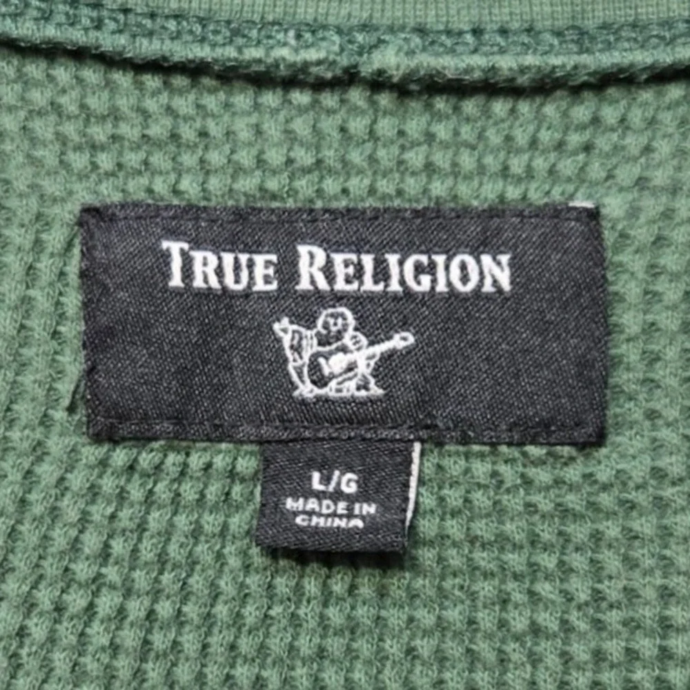 True Religion Thermal Henley Shirt Men Large Green Waffle Knit Streetwear Grunge